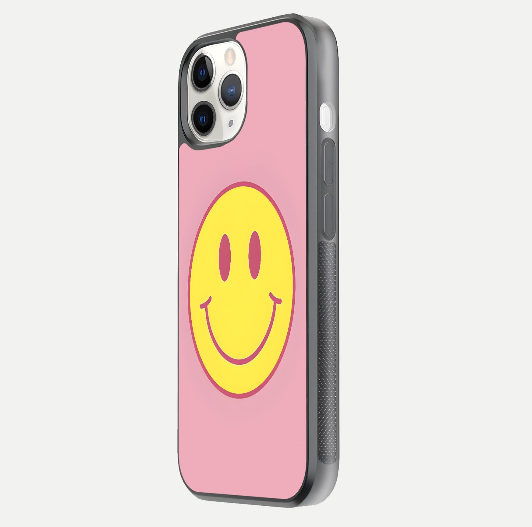 Happy Pink Mood iPhone 11 Pro glass phone case side profile view focusing on smooth frame and clean wrap