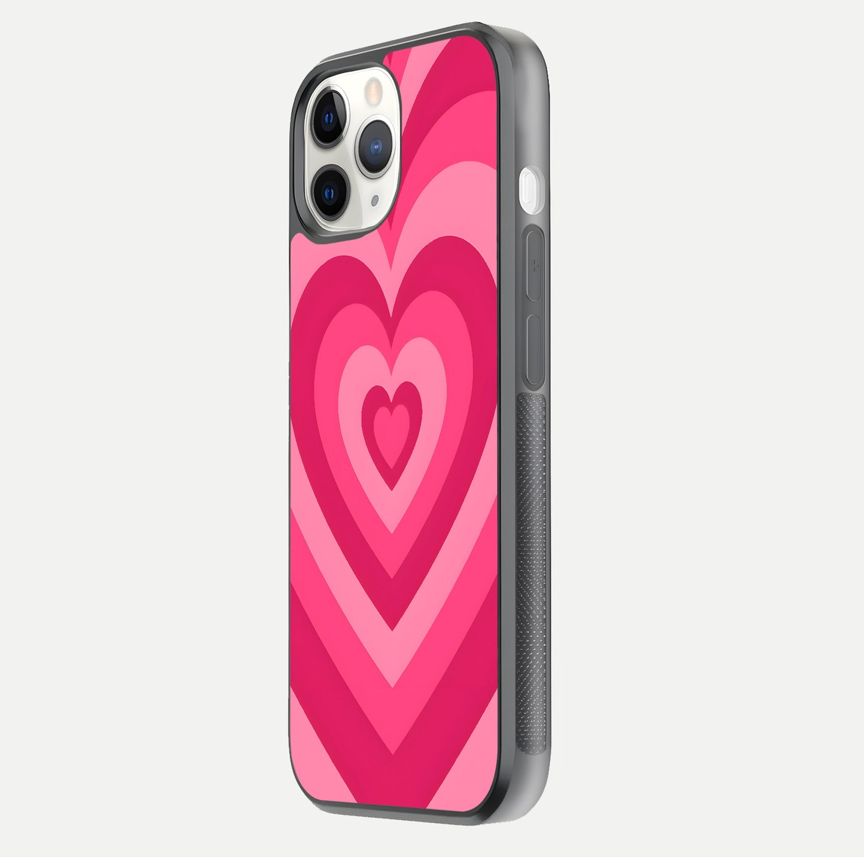 Layered Love Hearts iPhone 11 Pro glass phone case side profile view focusing on sleek edges and seamless wrap