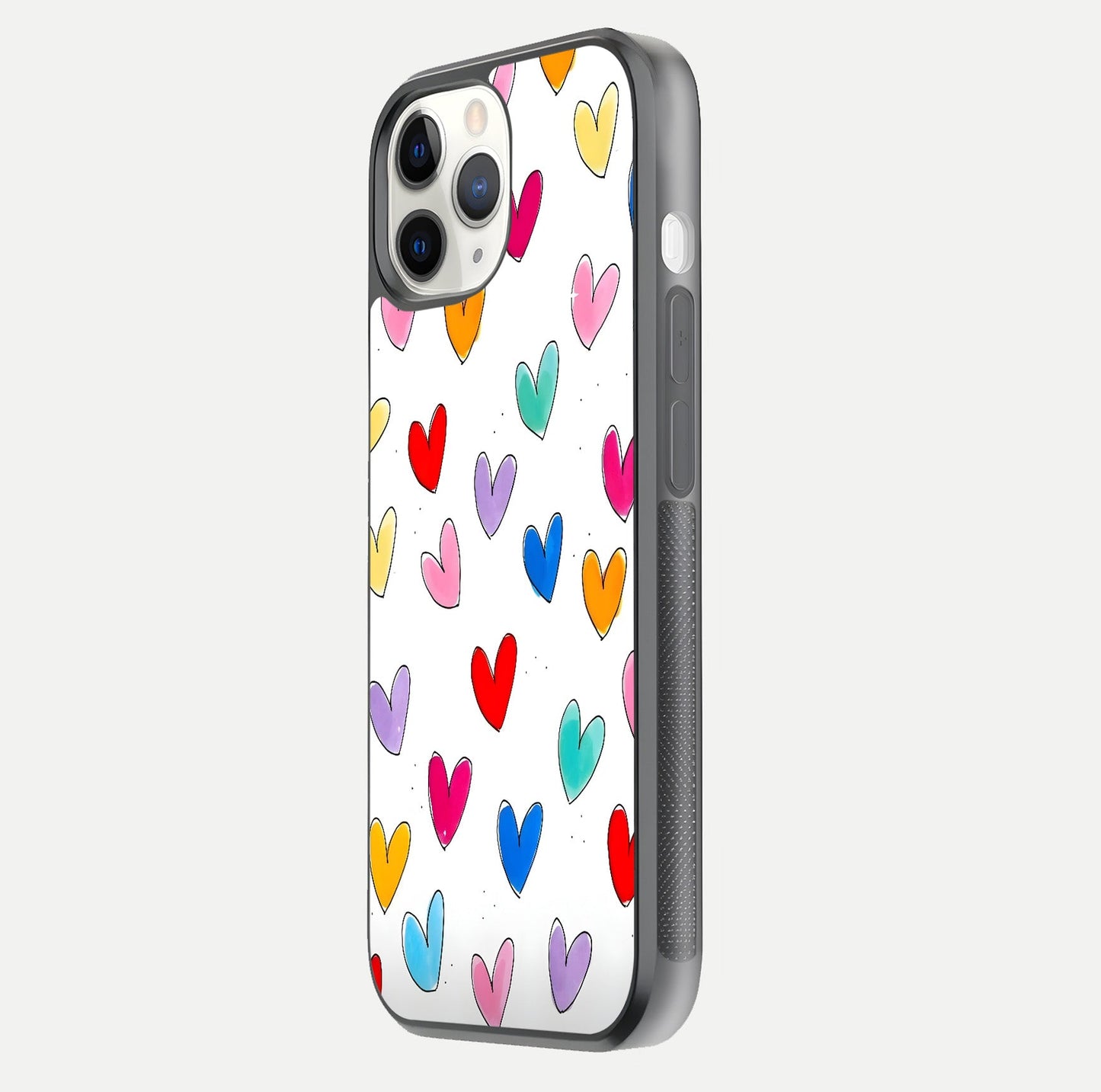 Playful Love Doodles iPhone 11 Pro glass phone case side profile view focusing on smooth frame and seamless wrap