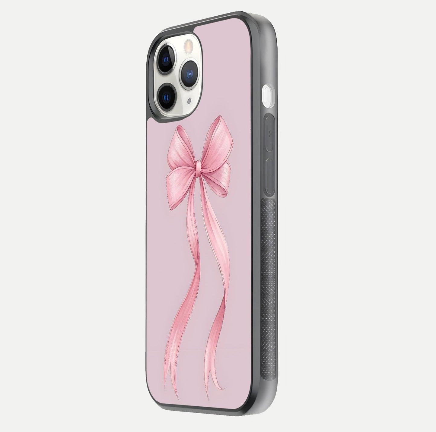 Soft Blush Bow iPhone 11 Pro glass phone case side profile view focusing on sleek edges and seamless wrap