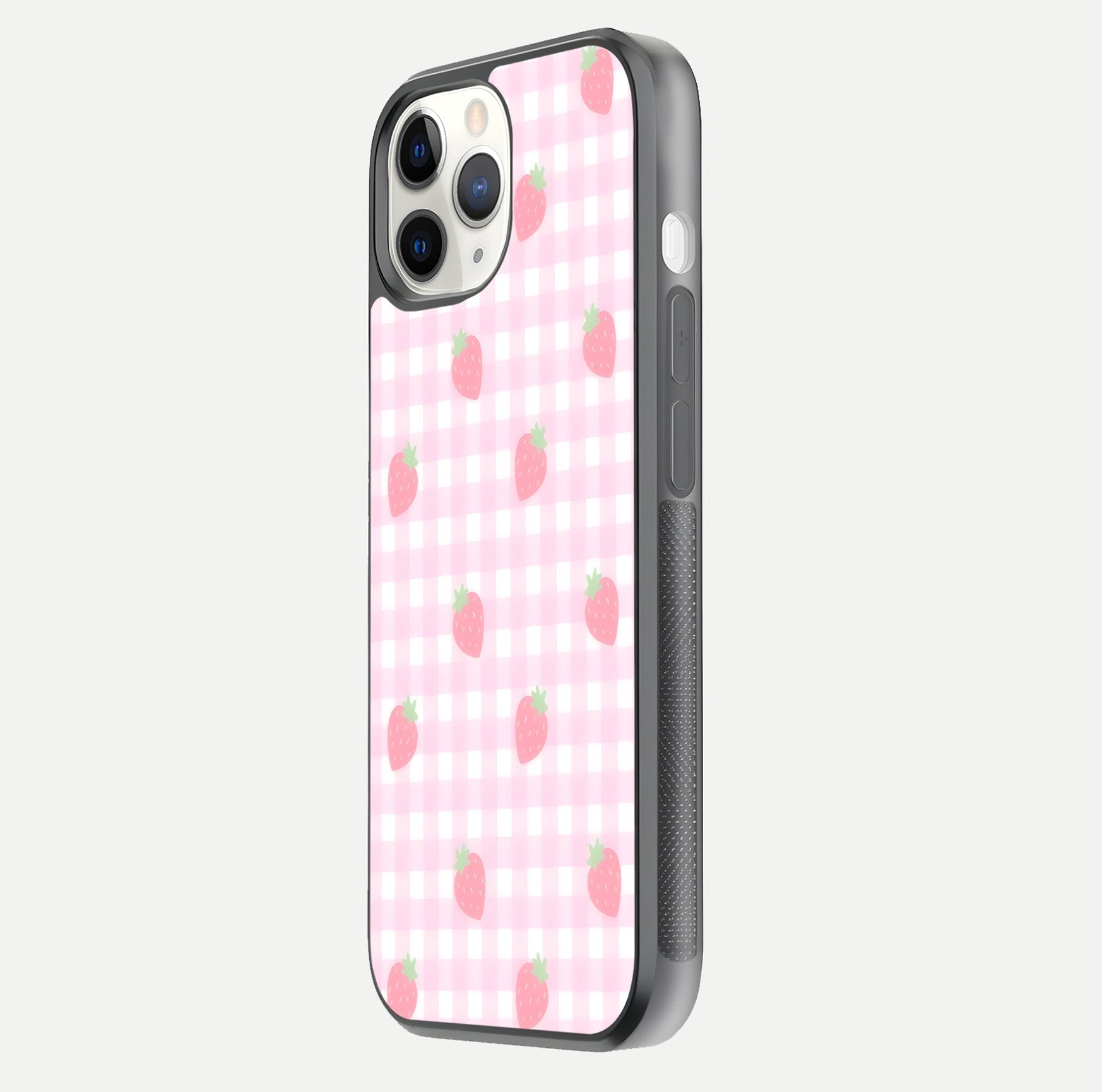 Strawberry Picnic Love iPhone 11 Pro glass phone case side profile view focusing on smooth frame and seamless wrap