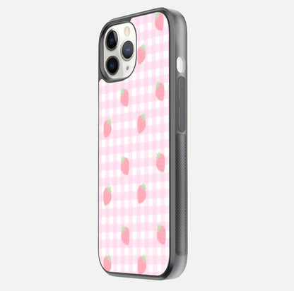 Strawberry Picnic Love iPhone 11 Pro glass phone case side profile view focusing on smooth frame and seamless wrap