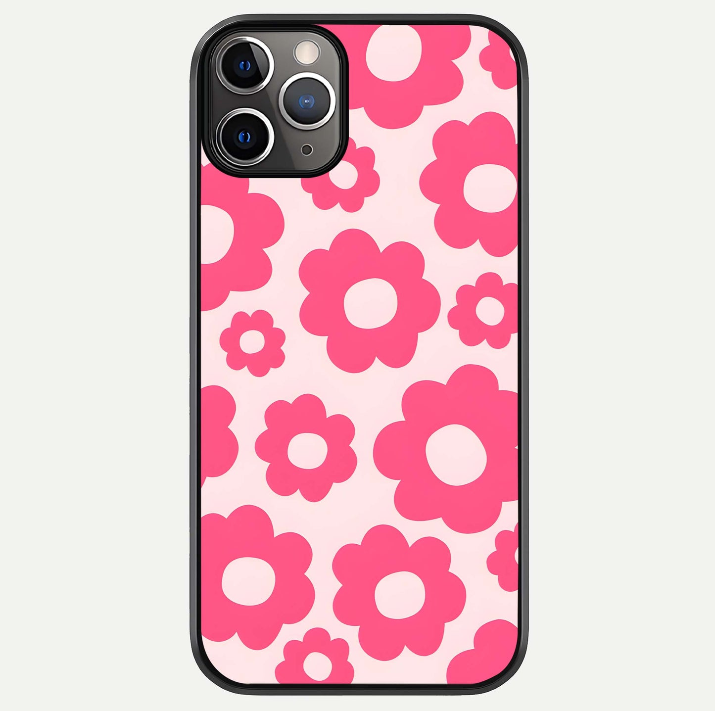 Blush Flower Pop iPhone 11 Pro Max glass phone case front view featuring playful blush floral artwork with glossy finish