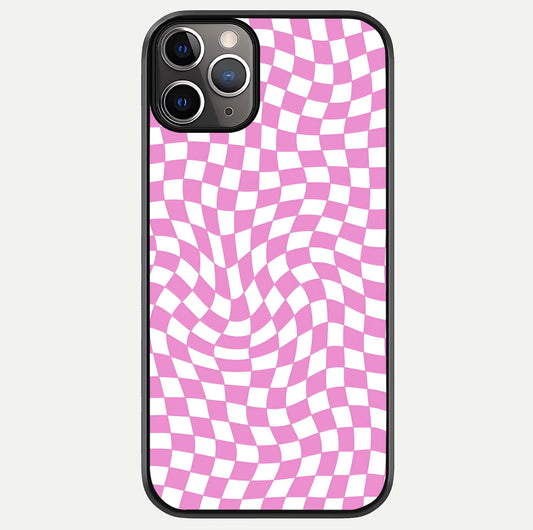 Bubblegum Check Wave iPhone 11 Pro Max glass phone case front view showcasing playful bubblegum check wave pattern with glossy finish