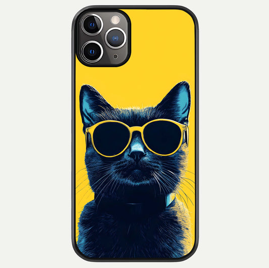 Cool Cat Vibes iPhone 11 Pro Max glass phone case front view featuring playful cat illustration with cool aesthetic tones