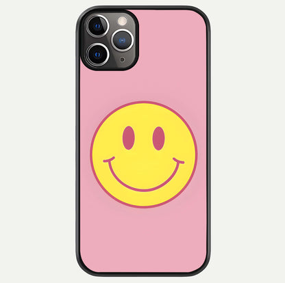 Happy Pink Mood iPhone 11 Pro Max glass phone case front view featuring cheerful pink tones and playful aesthetic design