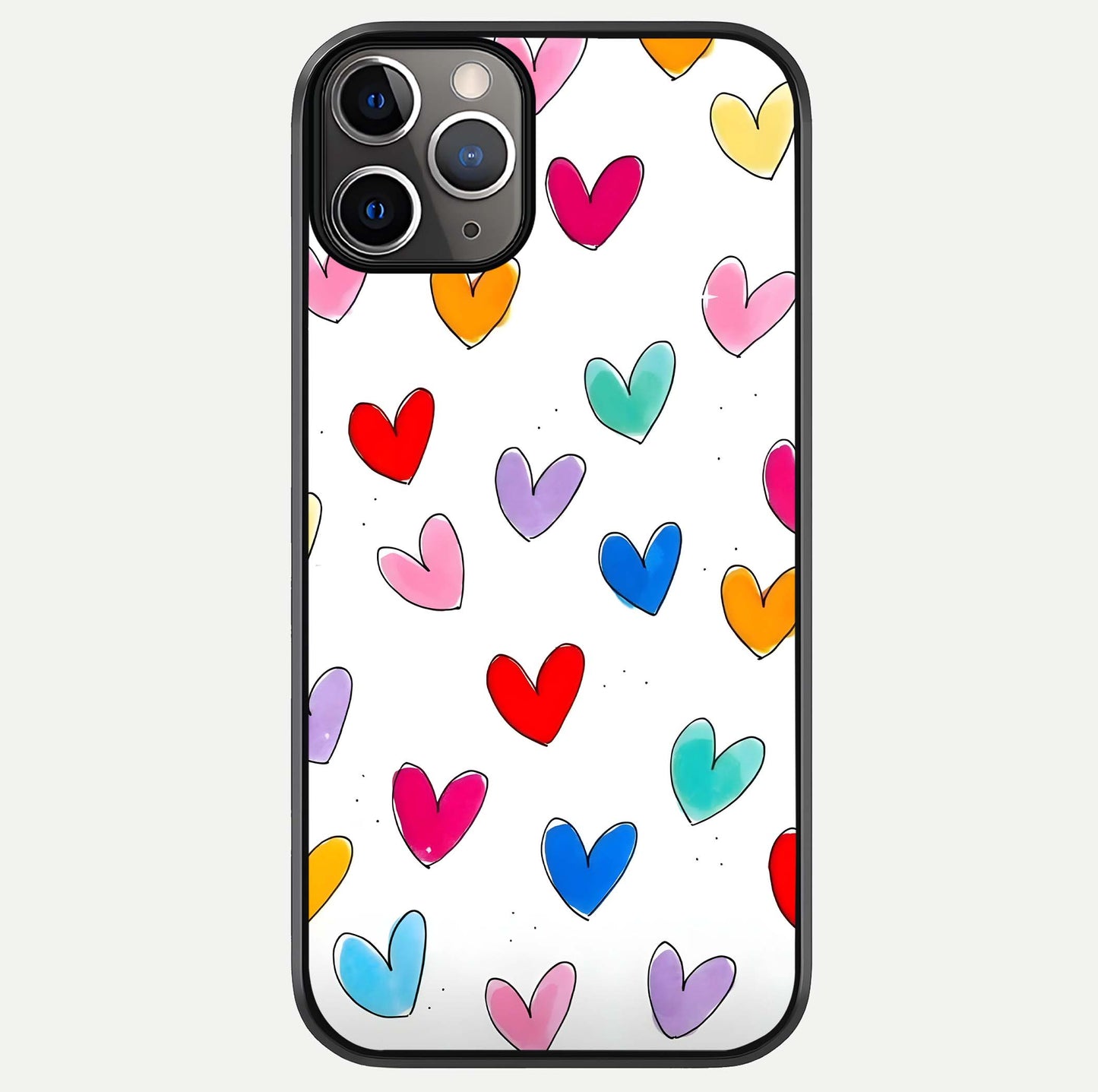 Playful Love Doodles iPhone 11 Pro Max glass phone case front view featuring cute love doodle illustrations with fun vibe