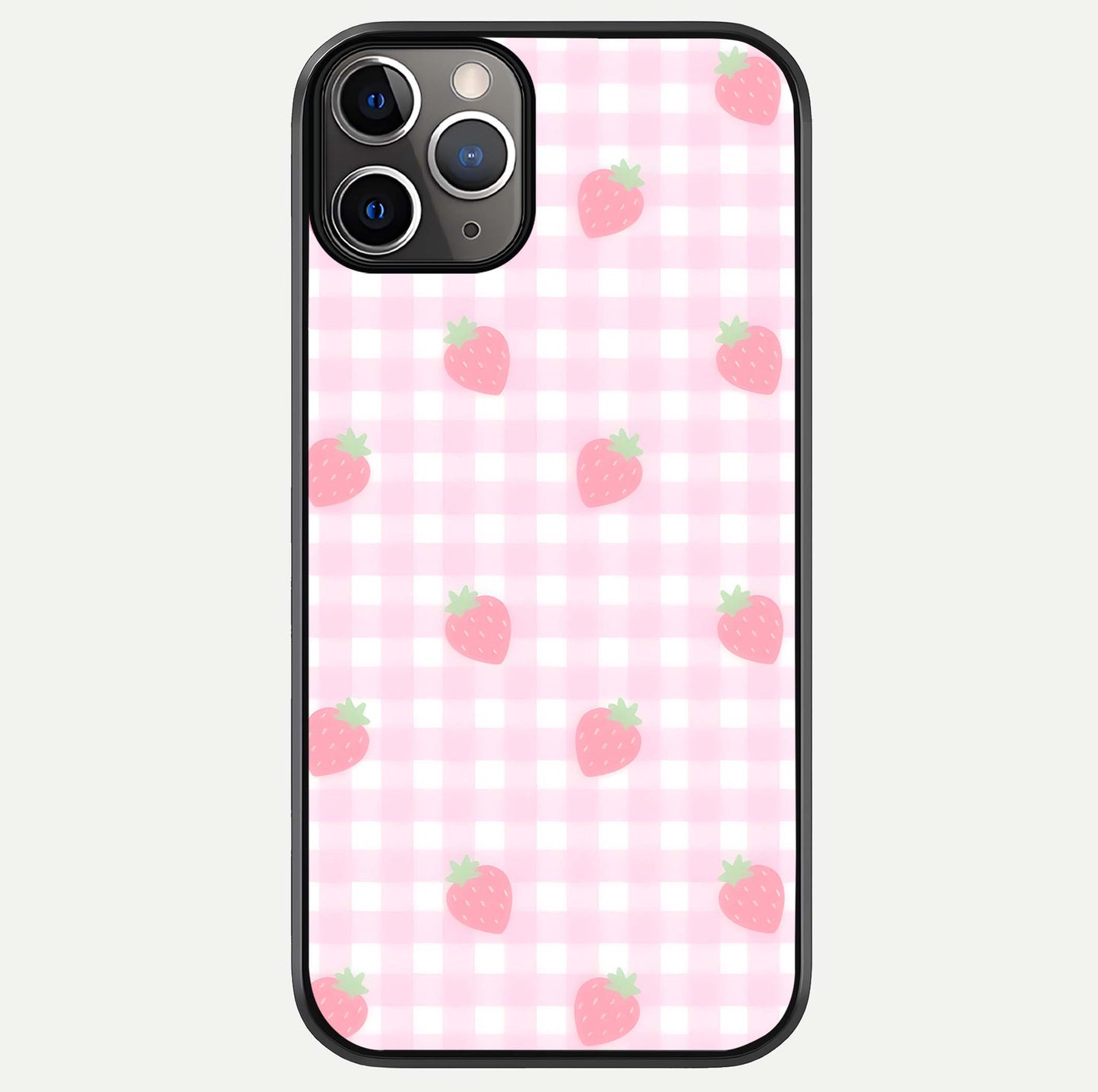 Strawberry Picnic Love iPhone 11 Pro Max glass phone case front view featuring cute strawberry picnic artwork with romantic vibe