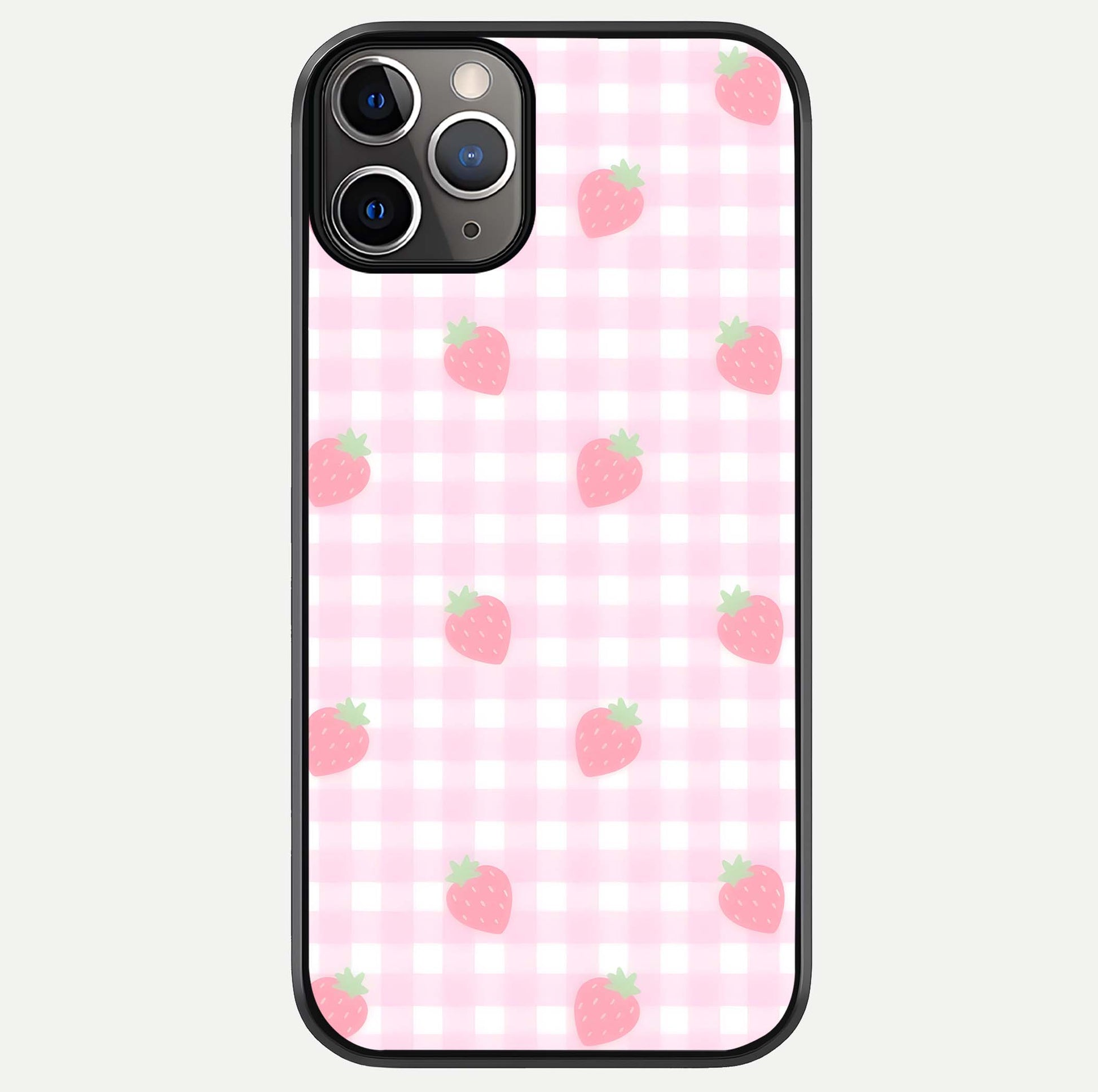 Strawberry Picnic Love iPhone 11 Pro Max glass phone case front view featuring cute strawberry picnic artwork with romantic vibe