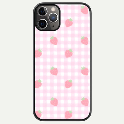 Strawberry Picnic Love iPhone 11 Pro Max glass phone case front view featuring cute strawberry picnic artwork with romantic vibe