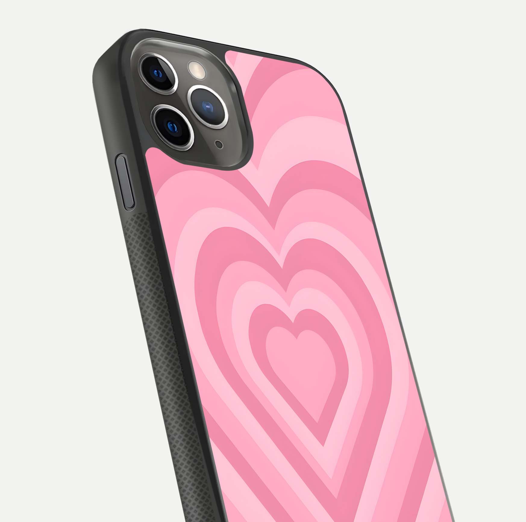 Blush Heart Waves iPhone 11 Pro Max glass phone case angled back view highlighting romantic heart wave artwork and grip texture