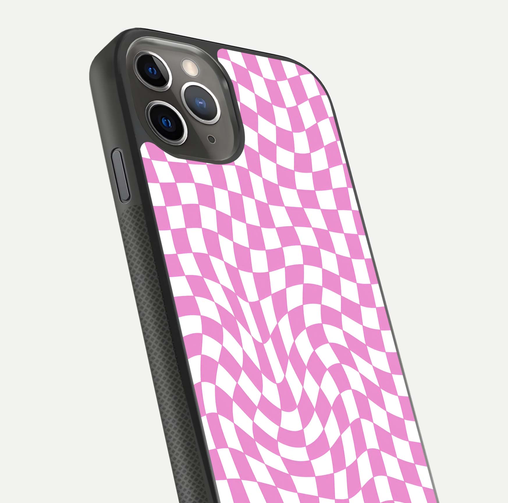Bubblegum Check Wave iPhone 11 Pro Max glass phone case angled back view highlighting check wave artwork and side grip texture