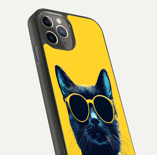 Cool Cat Vibes iPhone 11 Pro Max glass phone case angled back view highlighting cat artwork and textured side grip