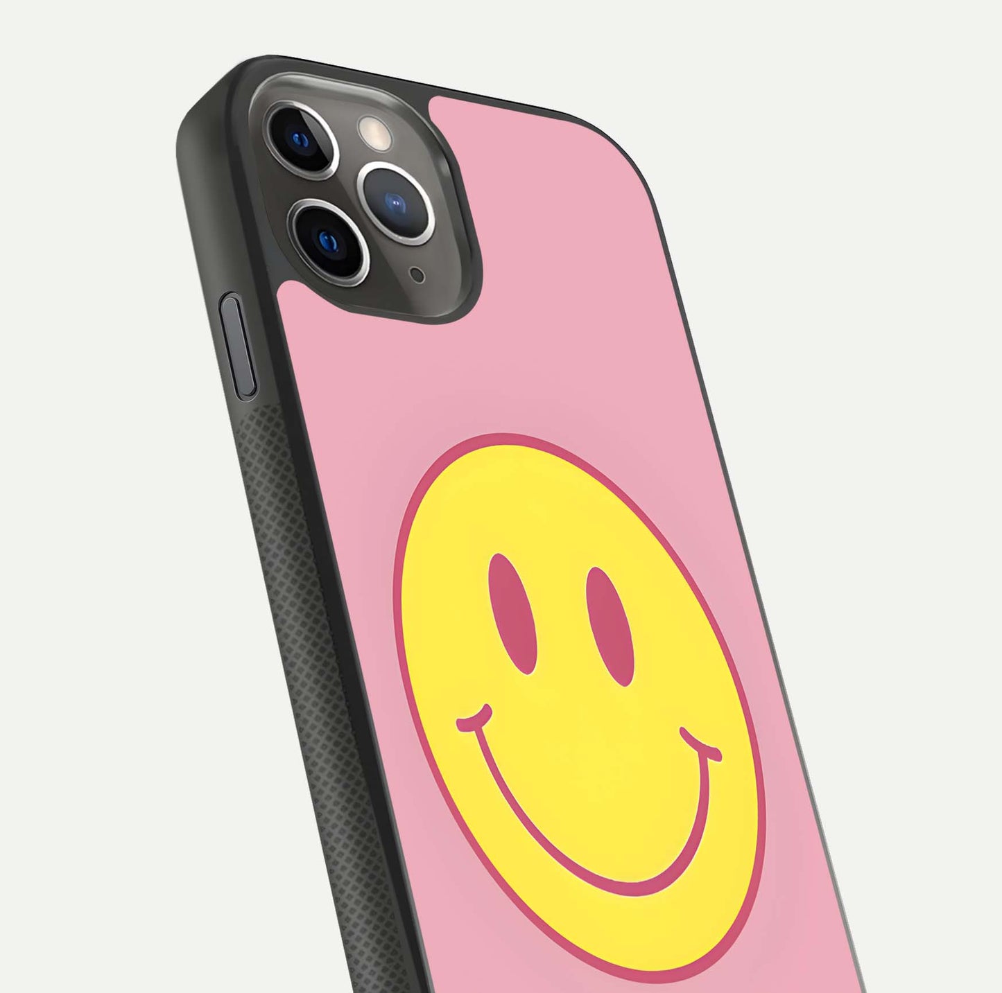 Happy Pink Mood iPhone 11 Pro Max glass phone case angled back view highlighting bright pink artwork and side grip texture