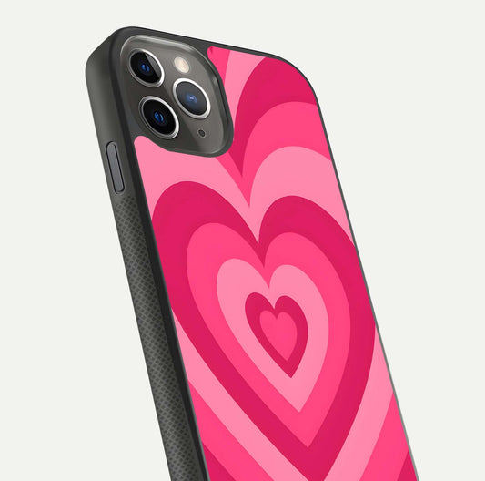 Layered Love Hearts iPhone 11 Pro Max glass phone case angled back view highlighting heart artwork and textured grip edges