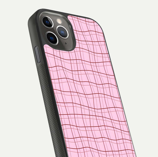 Soft Grid Bliss iPhone 11 Pro Max glass phone case angled back view highlighting grid artwork and side grip texture