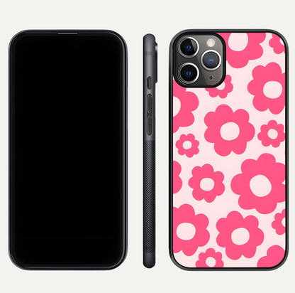 Blush Flower Pop iPhone 11 Pro Max glass phone case front and side layout view showing slim profile and full floral coverage