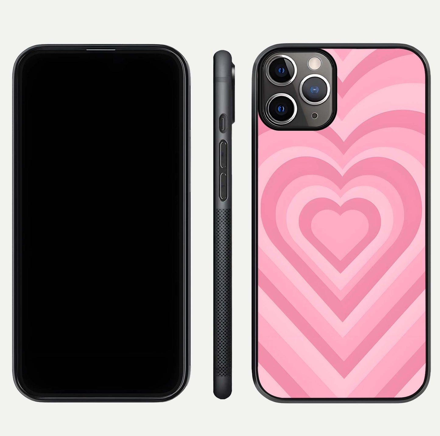 Blush Heart Waves iPhone 11 Pro Max glass phone case front and side layout view displaying slim frame and full heart pattern