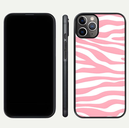 Blush Zebra Flow iPhone 11 Pro Max glass phone case front and side layout view showing slim build and flowing pattern coverage