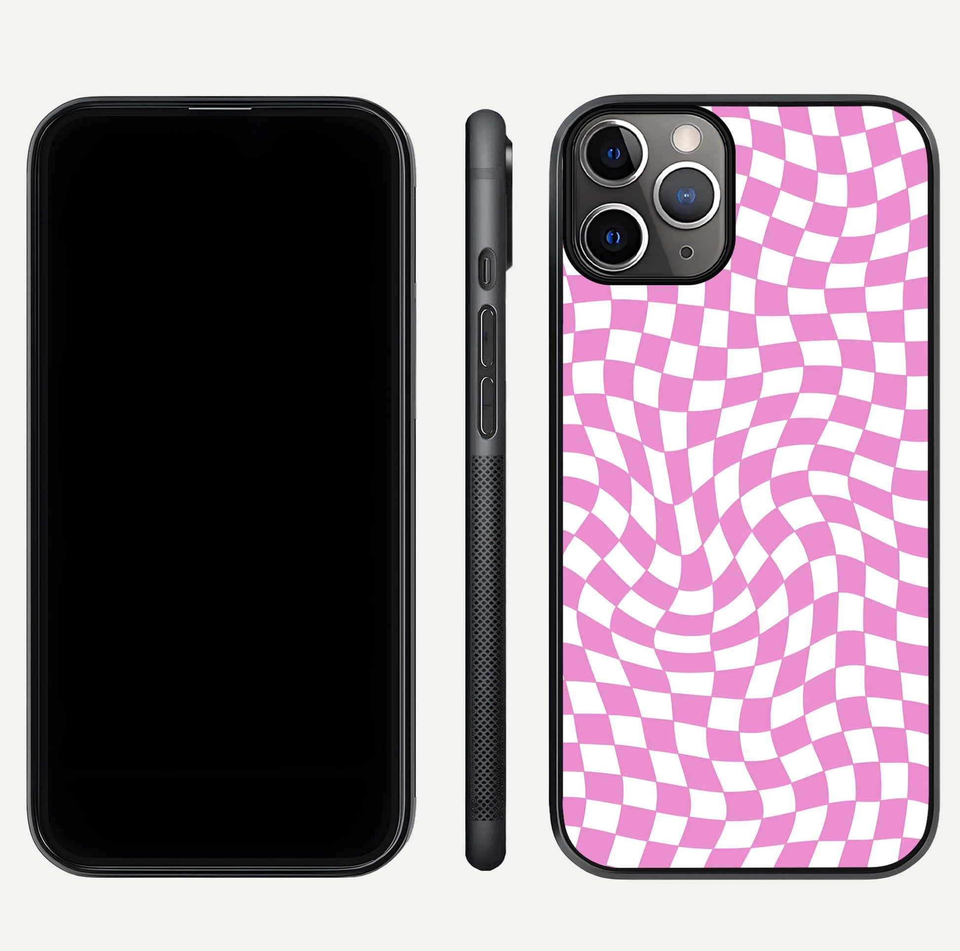 Bubblegum Check Wave iPhone 11 Pro Max glass phone case front and side layout view displaying slim profile and full pattern coverage