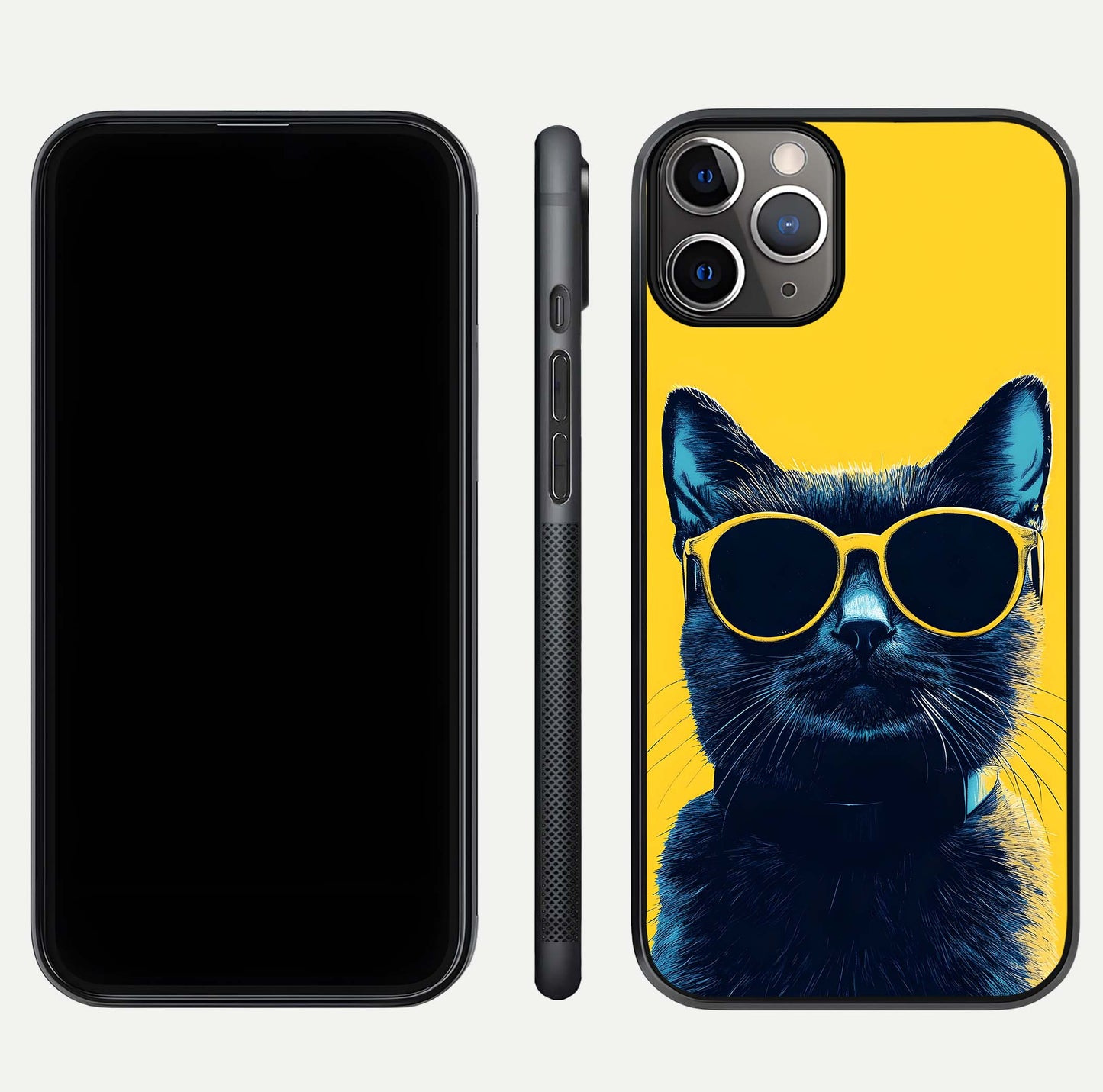 Cool Cat Vibes iPhone 11 Pro Max glass phone case front and side layout view showing slim frame and full design coverage
