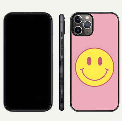 Happy Pink Mood iPhone 11 Pro Max glass phone case front and side layout view showing slim build and full pink coverage