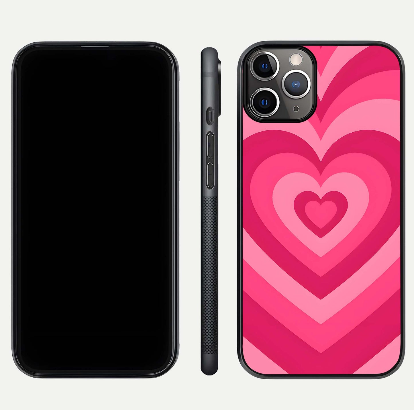 Layered Love Hearts iPhone 11 Pro Max glass phone case front and side layout view displaying slim profile and full heart design