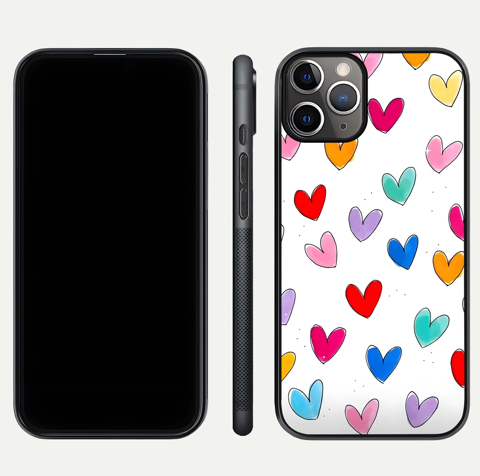 Playful Love Doodles iPhone 11 Pro Max glass phone case front and side layout view showing slim build and full doodle coverage