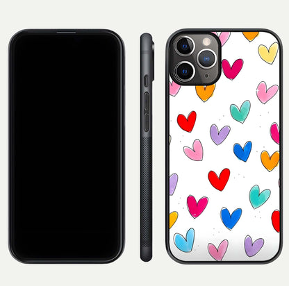 Playful Love Doodles iPhone 11 Pro Max glass phone case front and side layout view showing slim build and full doodle coverage