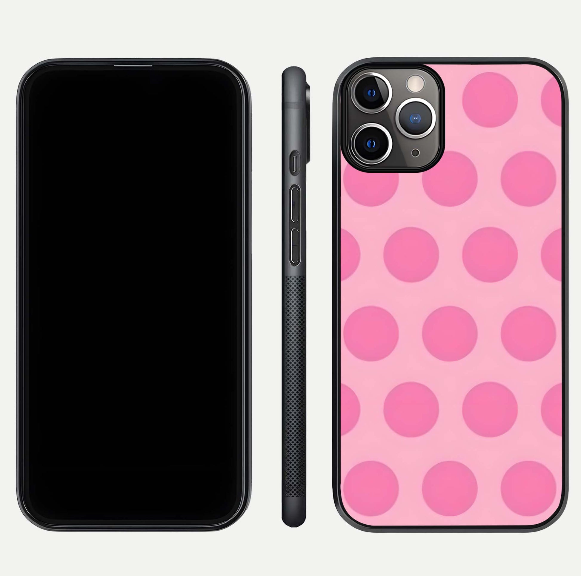 Sweet Dot Dreams iPhone 11 Pro Max glass phone case front and side layout view displaying slim build and full dot design