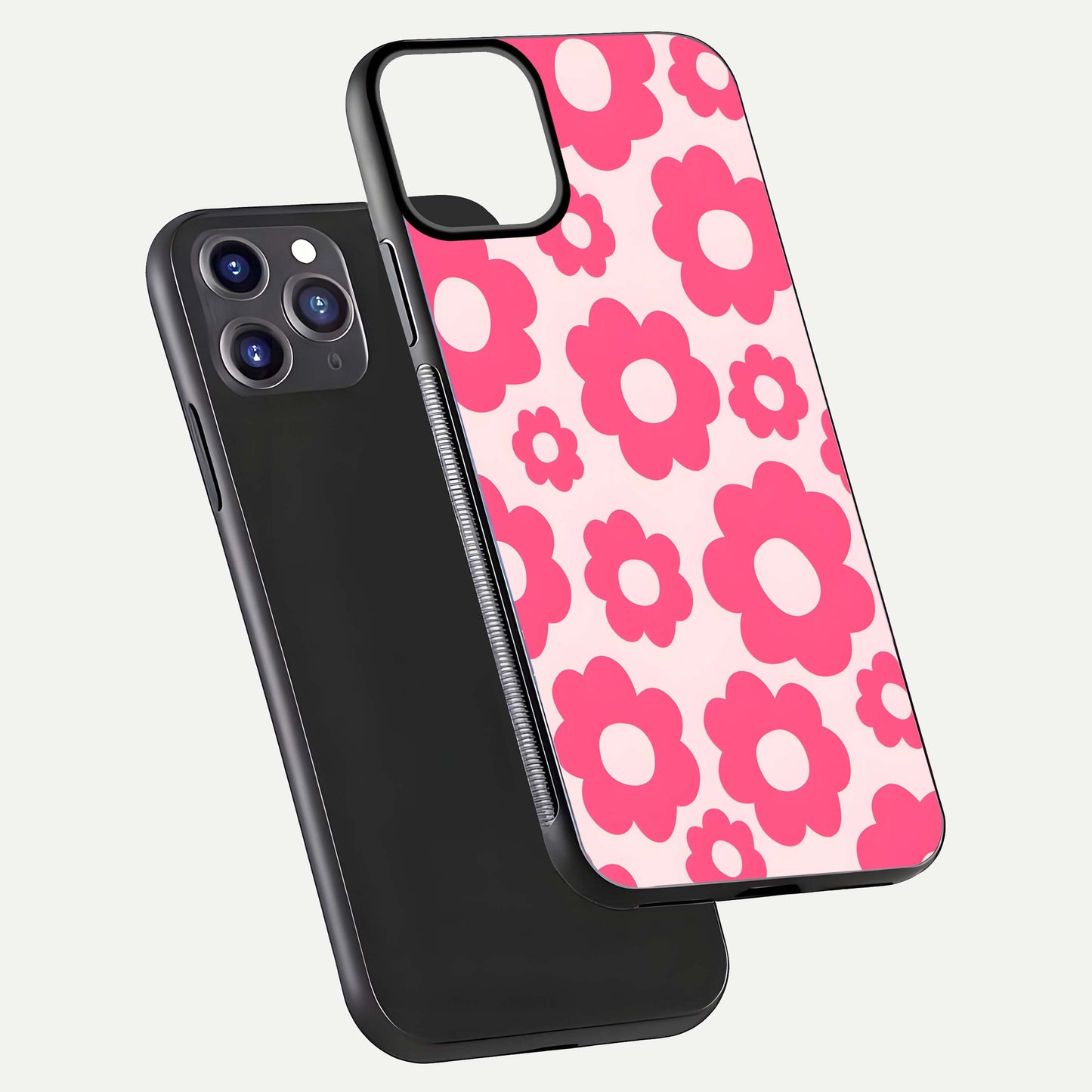 Blush Flower Pop iPhone 11 Pro Max glass phone case floating view emphasizing premium build and vibrant flower artwork