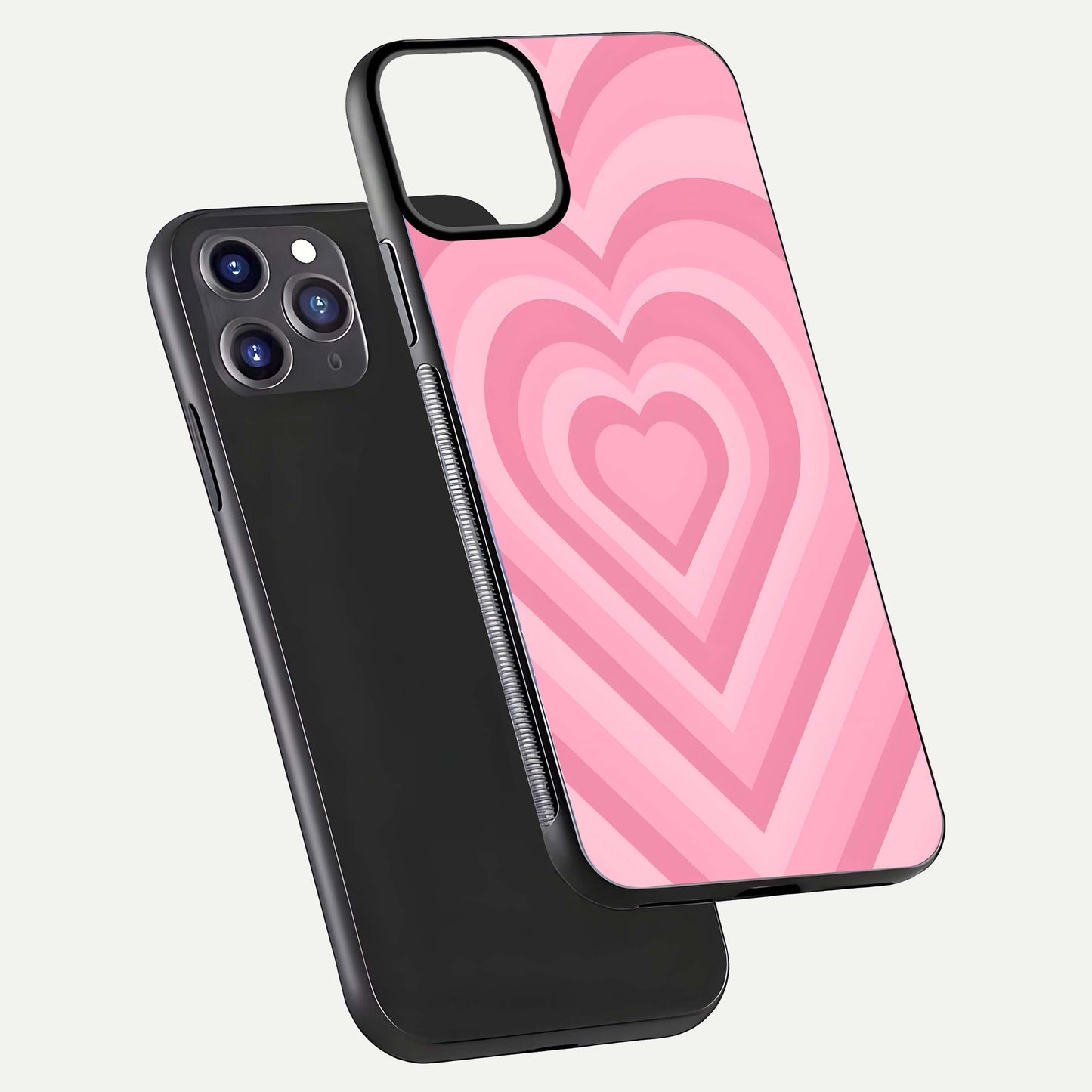 Blush Heart Waves iPhone 11 Pro Max glass phone case floating view emphasizing glossy finish and layered heart design