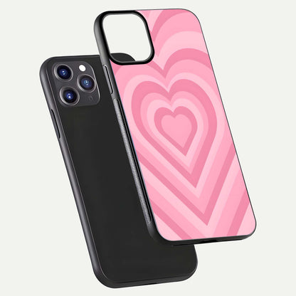 Blush Heart Waves iPhone 11 Pro Max glass phone case floating view emphasizing glossy finish and layered heart design