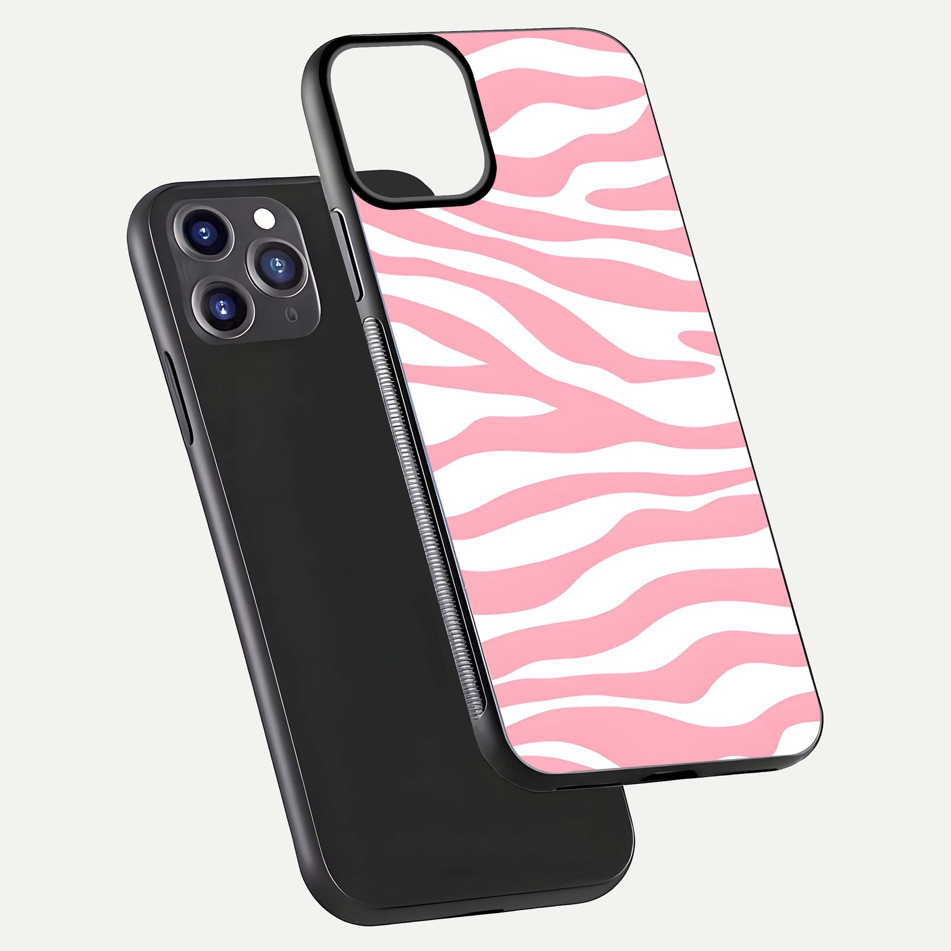 Blush Zebra Flow iPhone 11 Pro Max glass phone case floating view emphasizing premium glossy surface and dynamic design