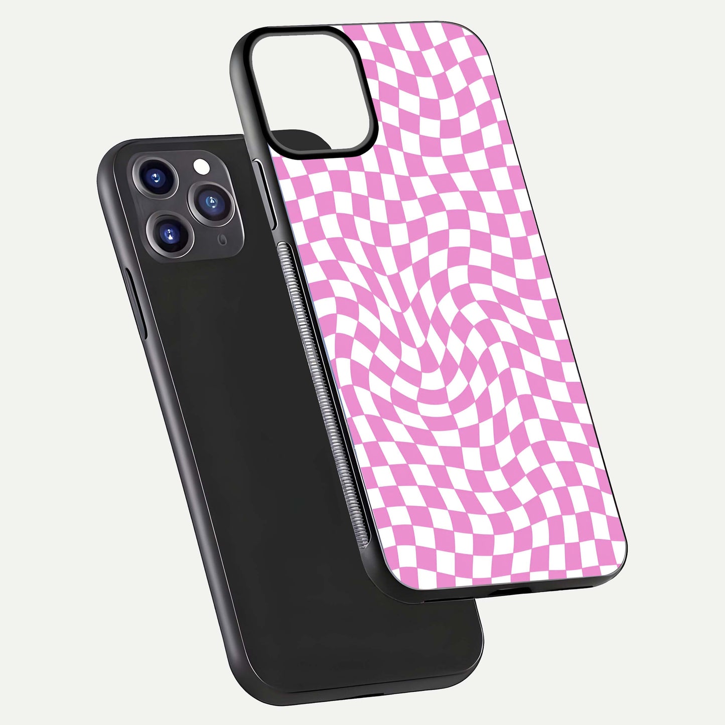 Bubblegum Check Wave iPhone 11 Pro Max glass phone case floating view emphasizing premium glass finish and vibrant design