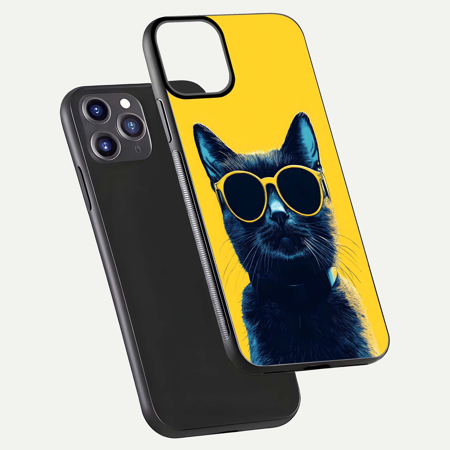 Cool Cat Vibes iPhone 11 Pro Max glass phone case floating view emphasizing glossy finish and fun cat vibe
