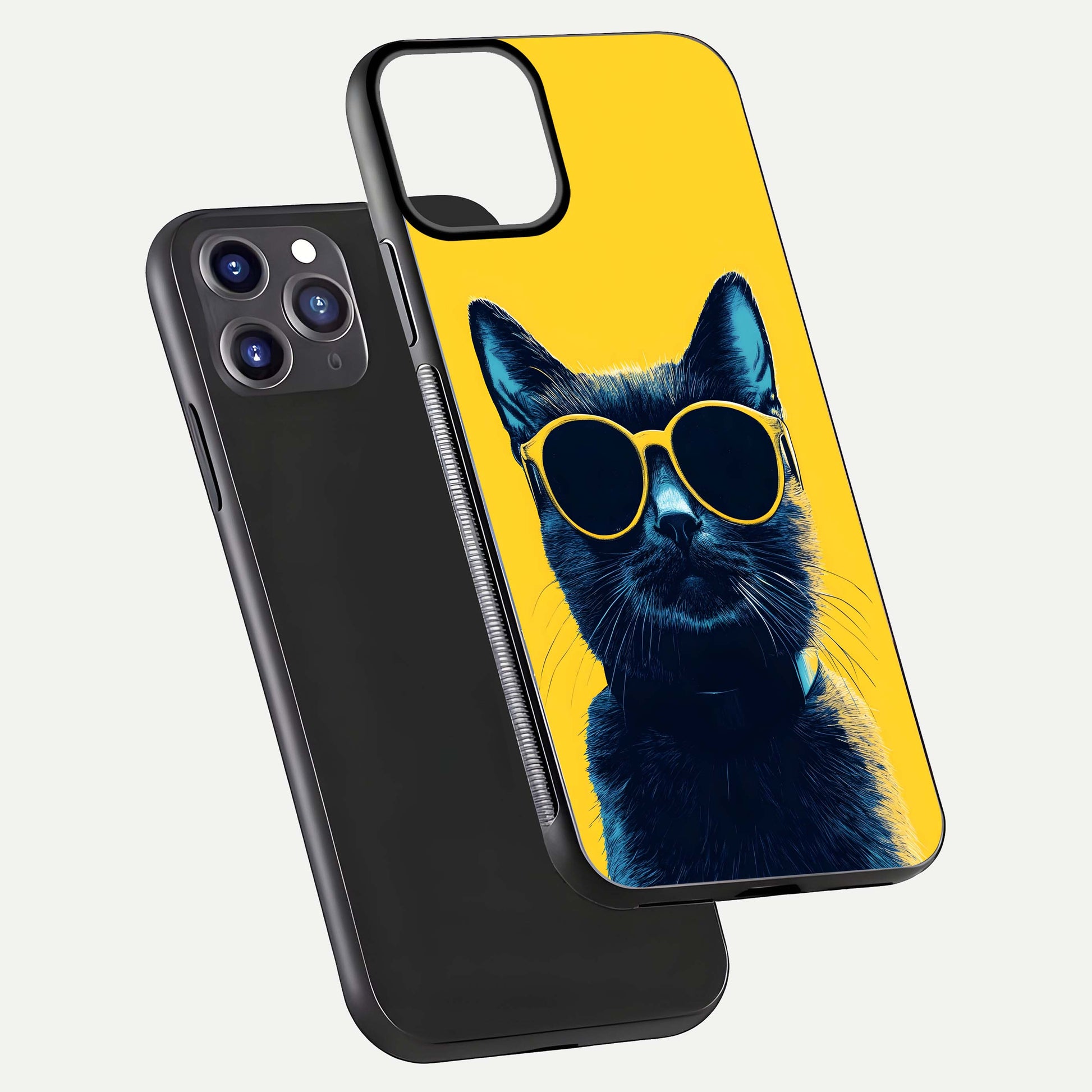 Cool Cat Vibes iPhone 11 Pro Max glass phone case floating view emphasizing glossy finish and fun cat vibe