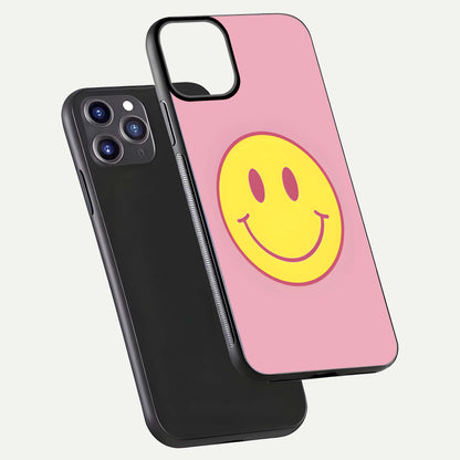Happy Pink Mood iPhone 11 Pro Max glass phone case floating view emphasizing glossy finish and joyful color palette
