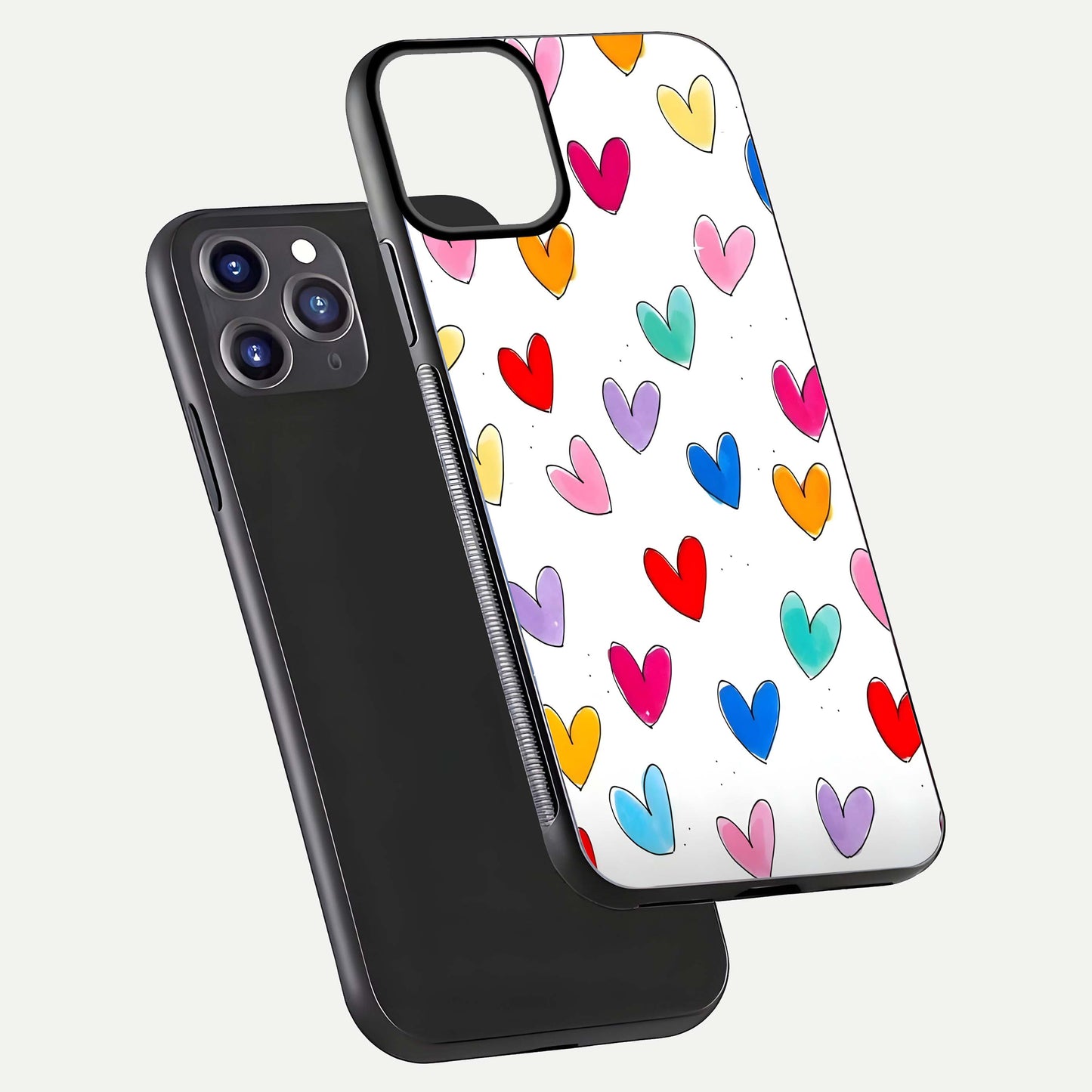 Playful Love Doodles iPhone 11 Pro Max glass phone case floating view emphasizing glossy finish and playful design
