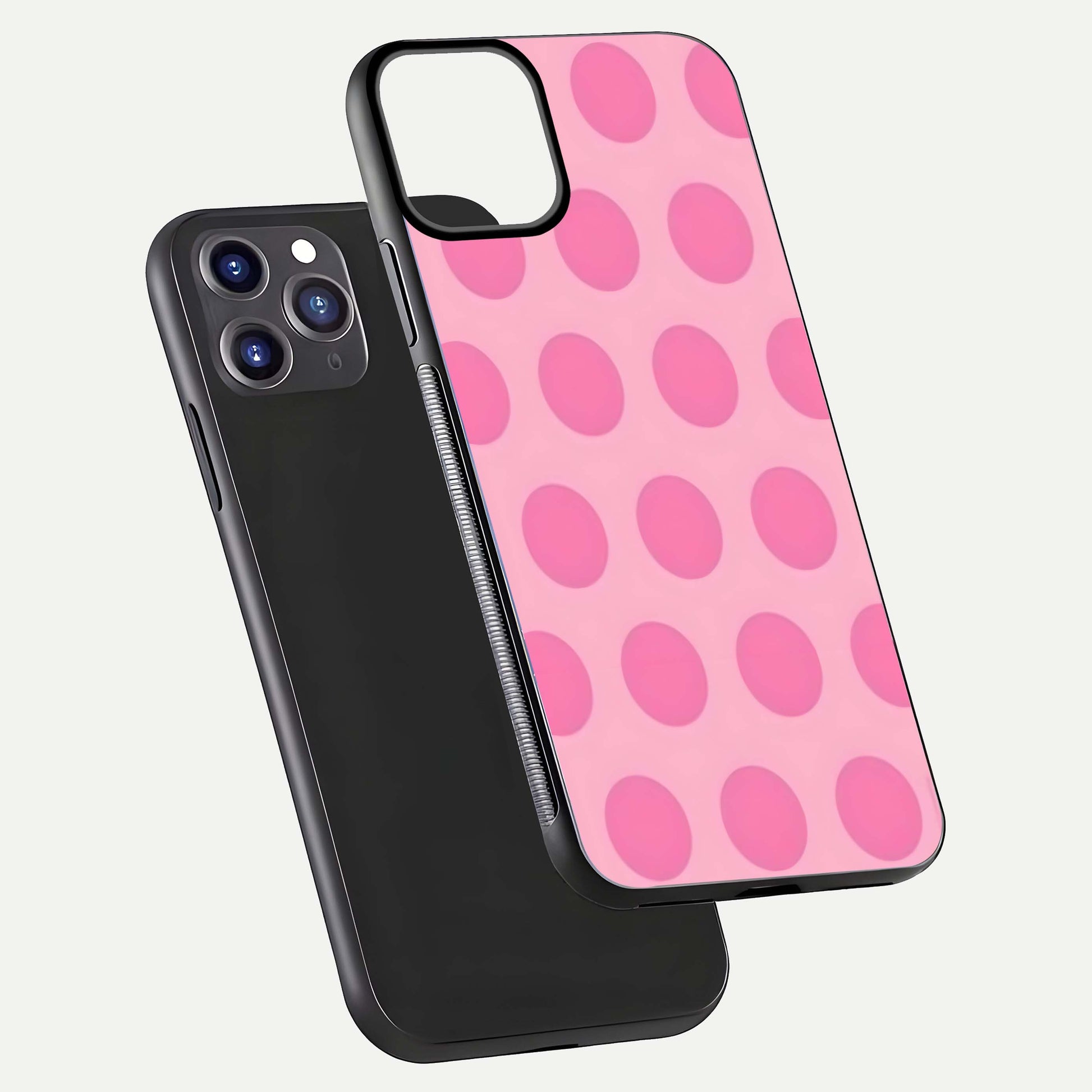 Sweet Dot Dreams iPhone 11 Pro Max glass phone case floating view emphasizing glossy surface and soft playful styling