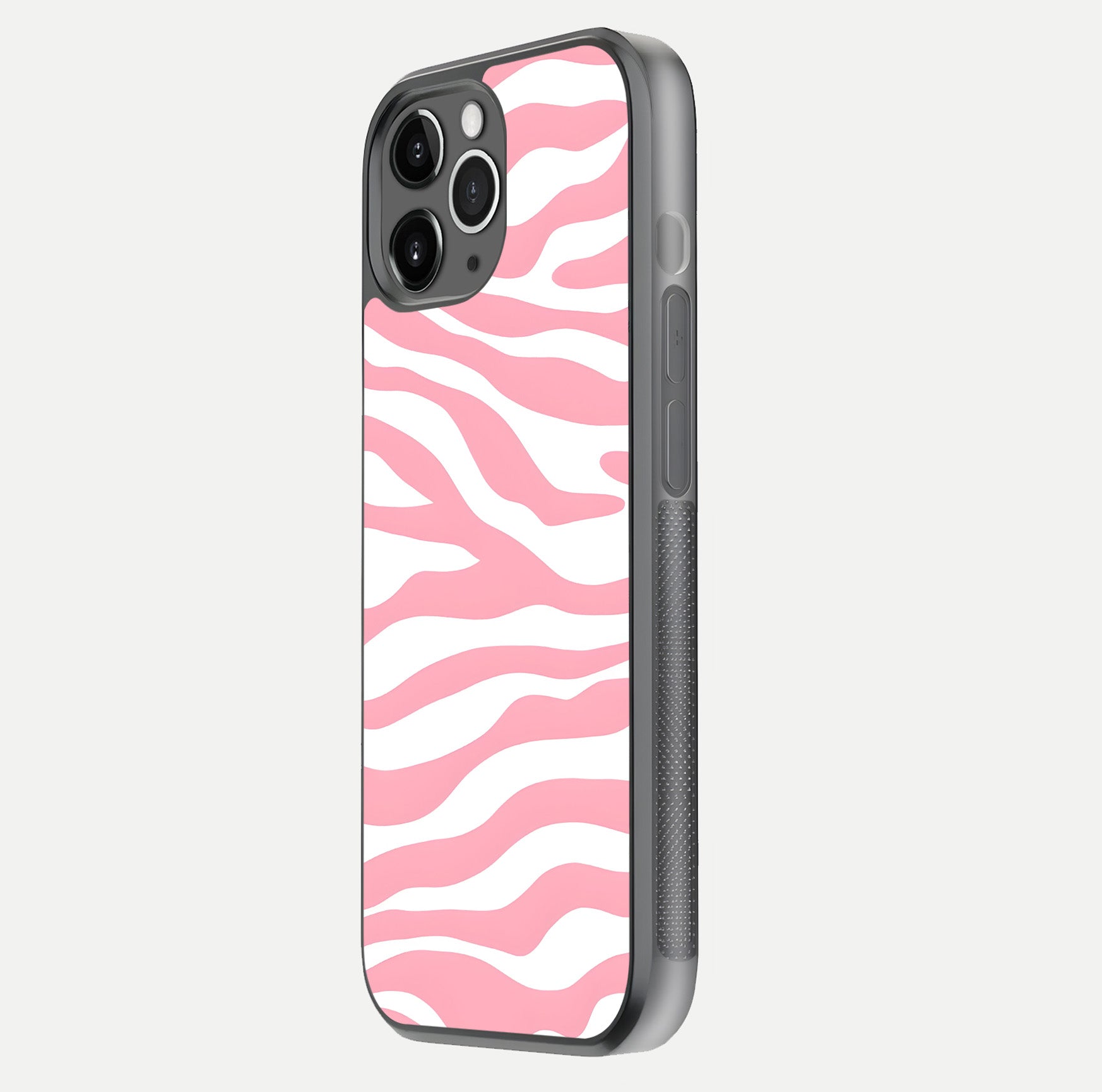 Blush Zebra Flow iPhone 11 Pro Max glass phone case side profile view focusing on sleek frame and seamless wrap