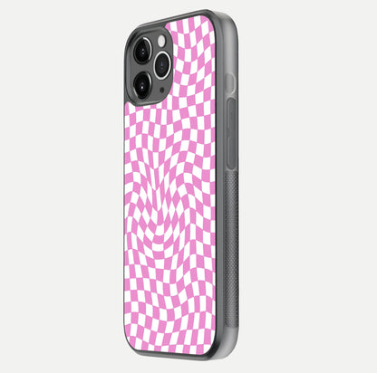 Bubblegum Check Wave iPhone 11 Pro Max glass phone case side profile view focusing on smooth edges and seamless wrap
