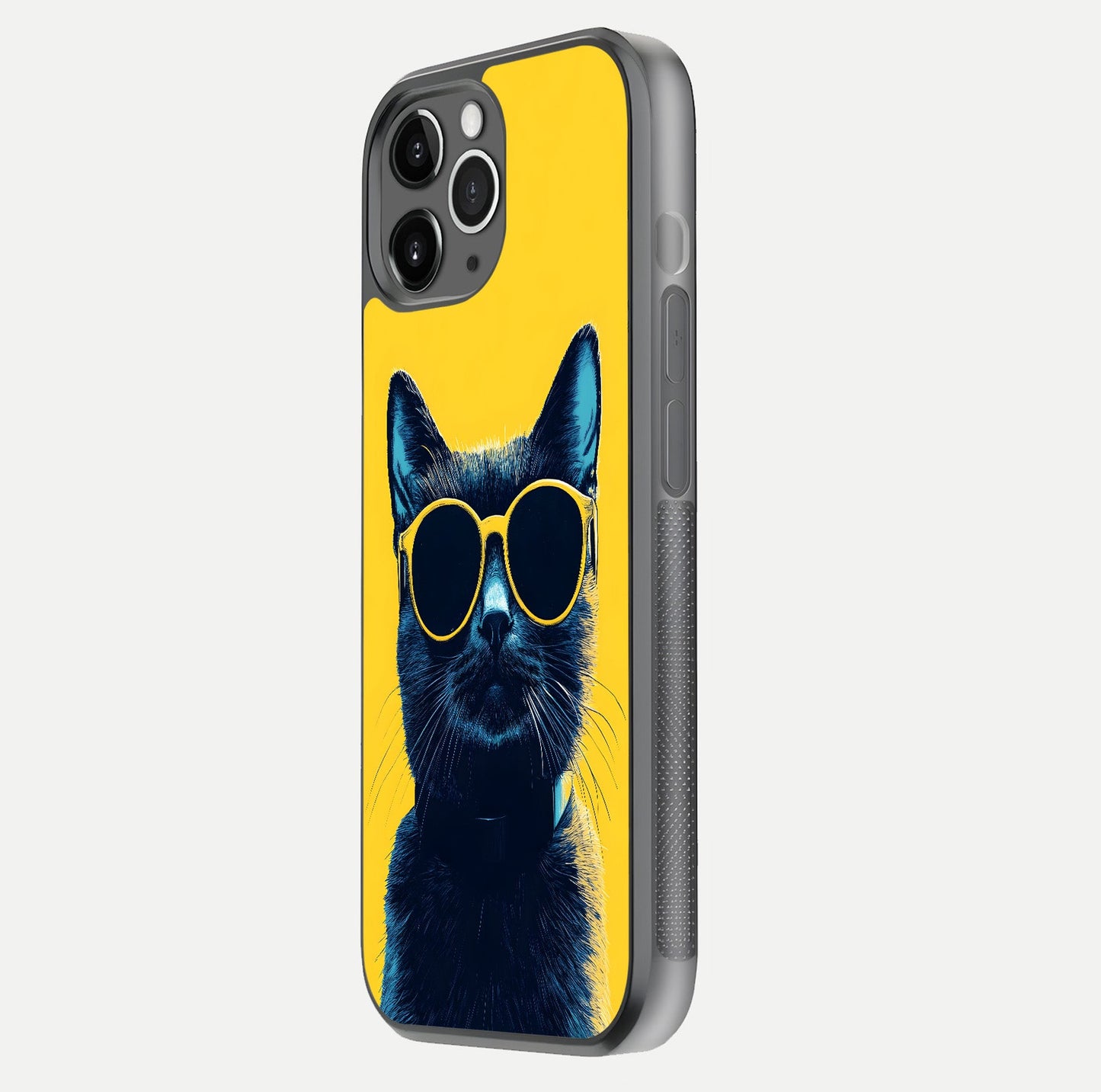 Cool Cat Vibes iPhone 11 Pro Max glass phone case side profile view focusing on sleek edges and seamless wrap