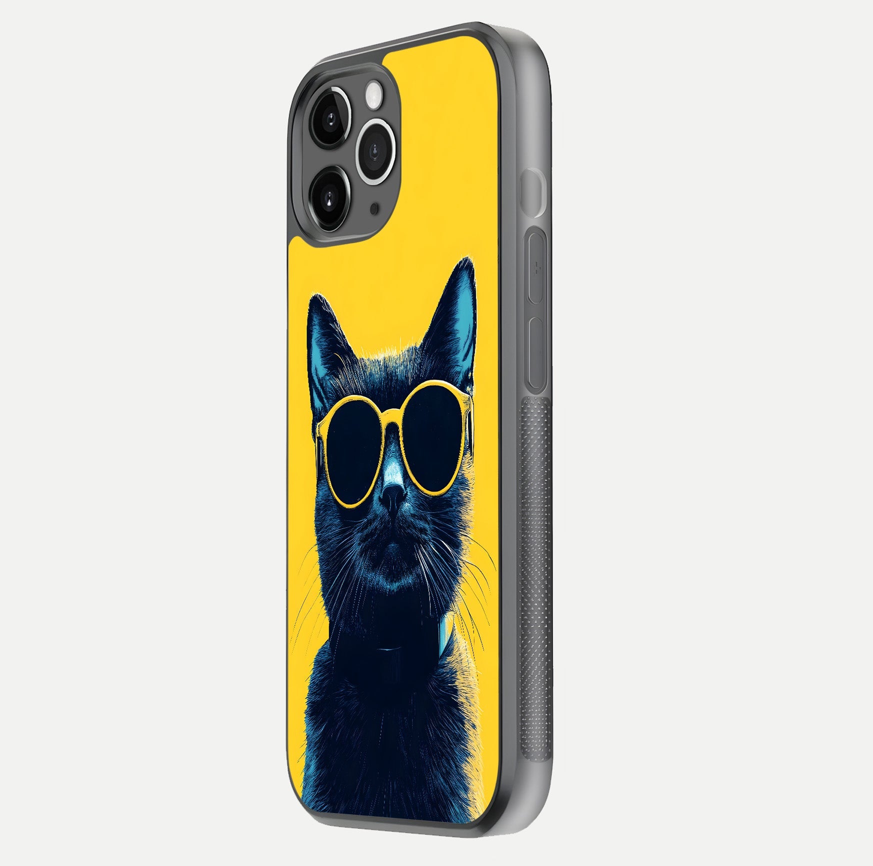 Cool Cat Vibes iPhone 11 Pro Max glass phone case side profile view focusing on sleek edges and seamless wrap