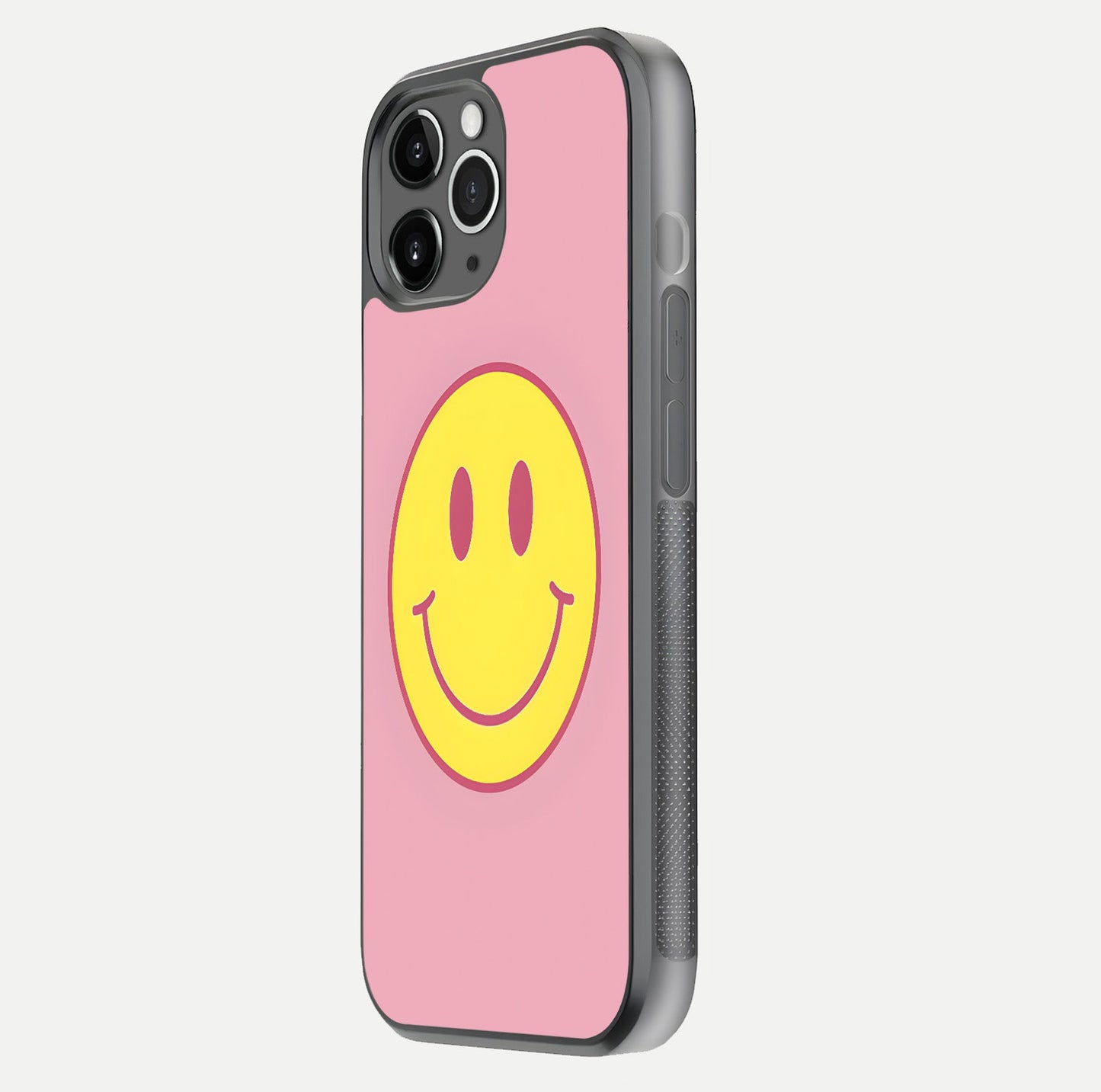 Happy Pink Mood iPhone 11 Pro Max glass phone case side profile view focusing on smooth frame and clean wrap