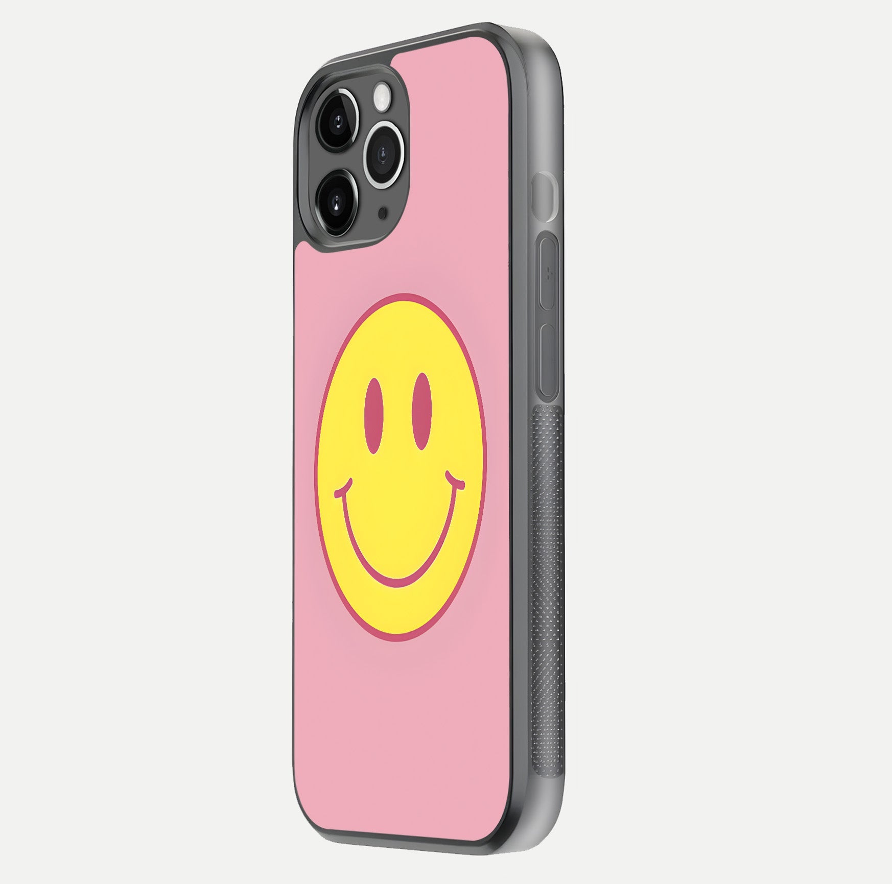 Happy Pink Mood iPhone 11 Pro Max glass phone case side profile view focusing on smooth frame and clean wrap