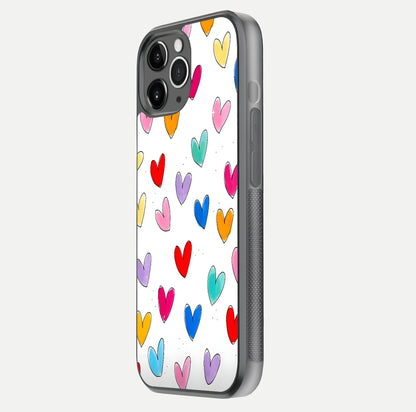 Playful Love Doodles iPhone 11 Pro Max glass phone case side profile view focusing on smooth frame and seamless wrap