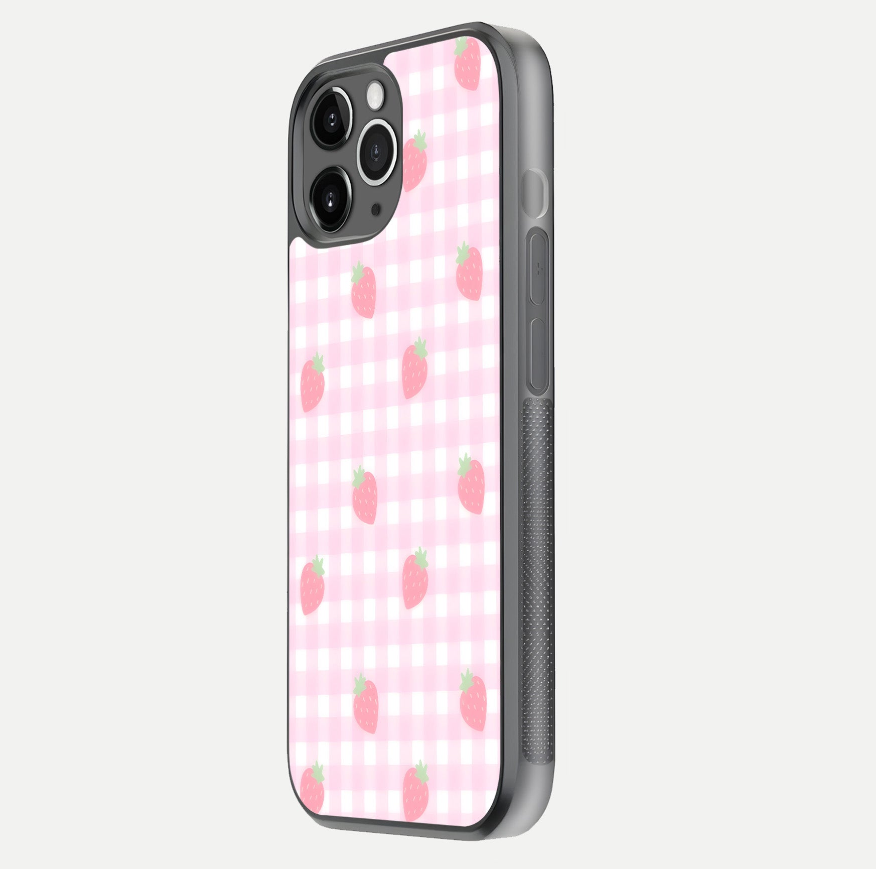 Strawberry Picnic Love iPhone 11 Pro Max glass phone case side profile view focusing on smooth frame and seamless wrap
