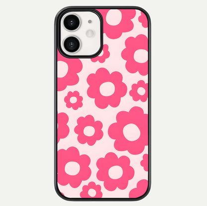 Blush Flower Pop iPhone 12 glass phone case front view featuring playful blush floral artwork with glossy finish