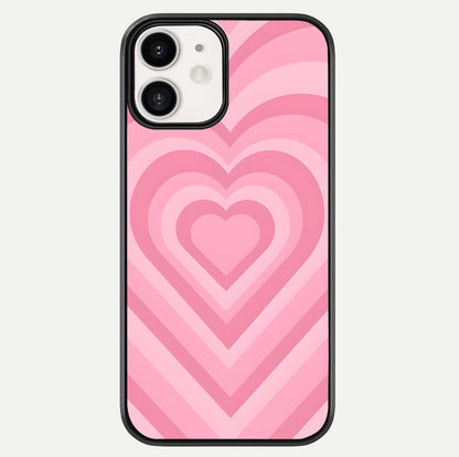Blush Heart Waves iPhone 12 glass phone case front view showcasing flowing heart wave patterns in soft blush tones